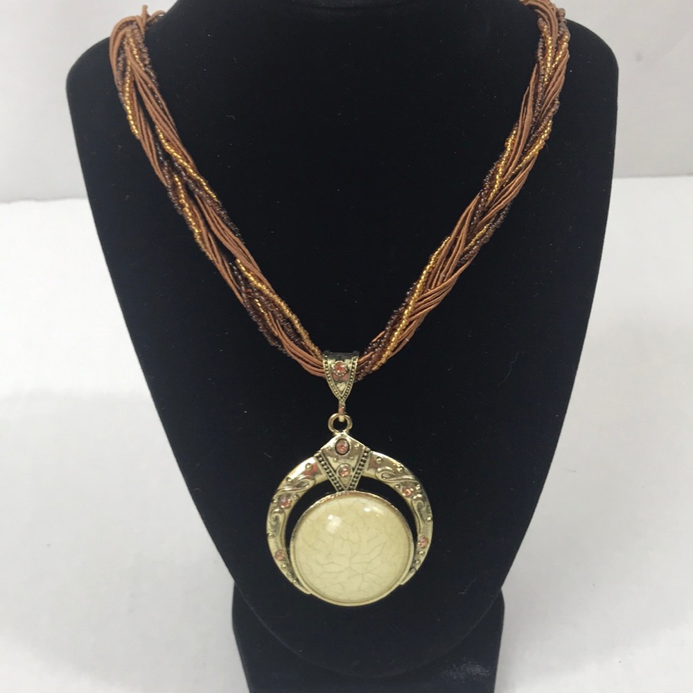 Ivory pendant/brown cord Boho necklace